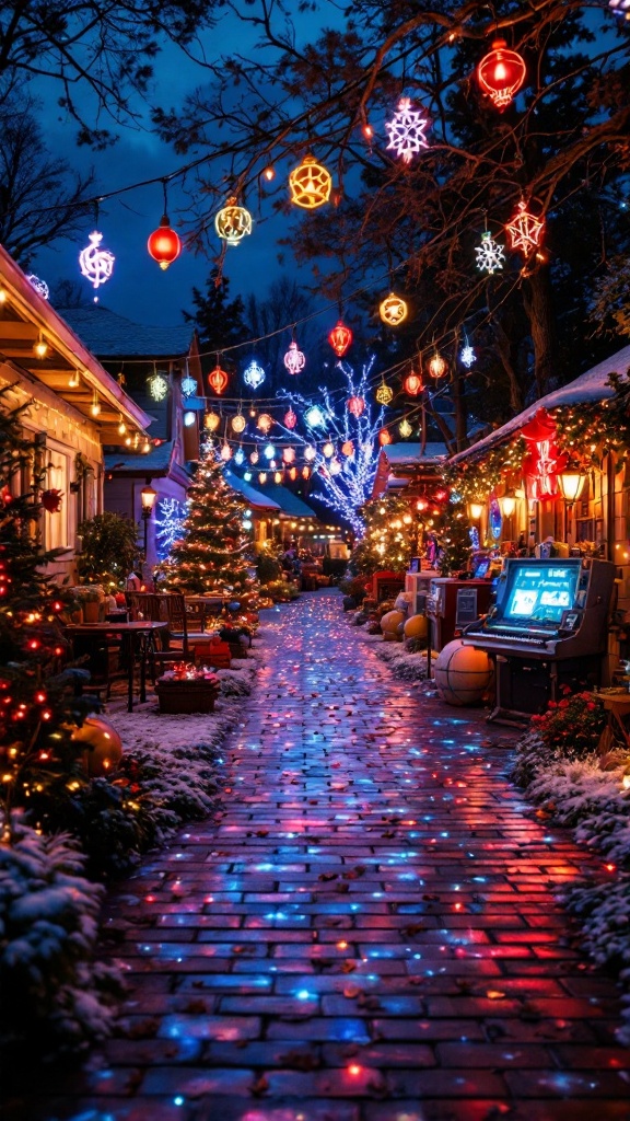 A vibrant street lined with colorful lights and decorations during the evening.