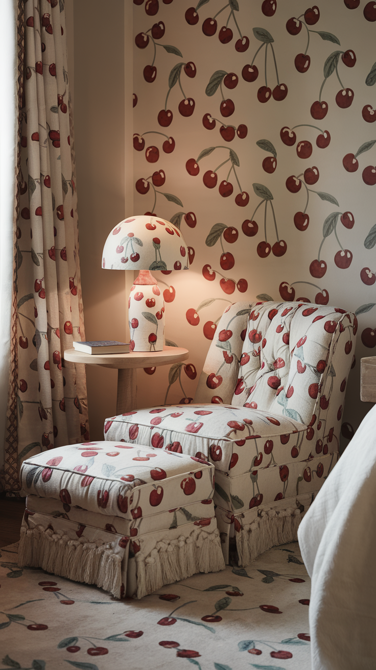 Cozy reading nook with cherry-patterned furniture and decor