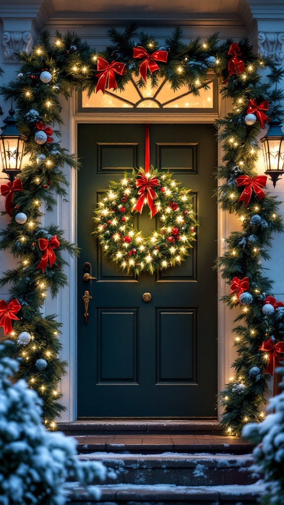 A beautifully decorated front door with a luminous wreath, festive lights, and red bows.