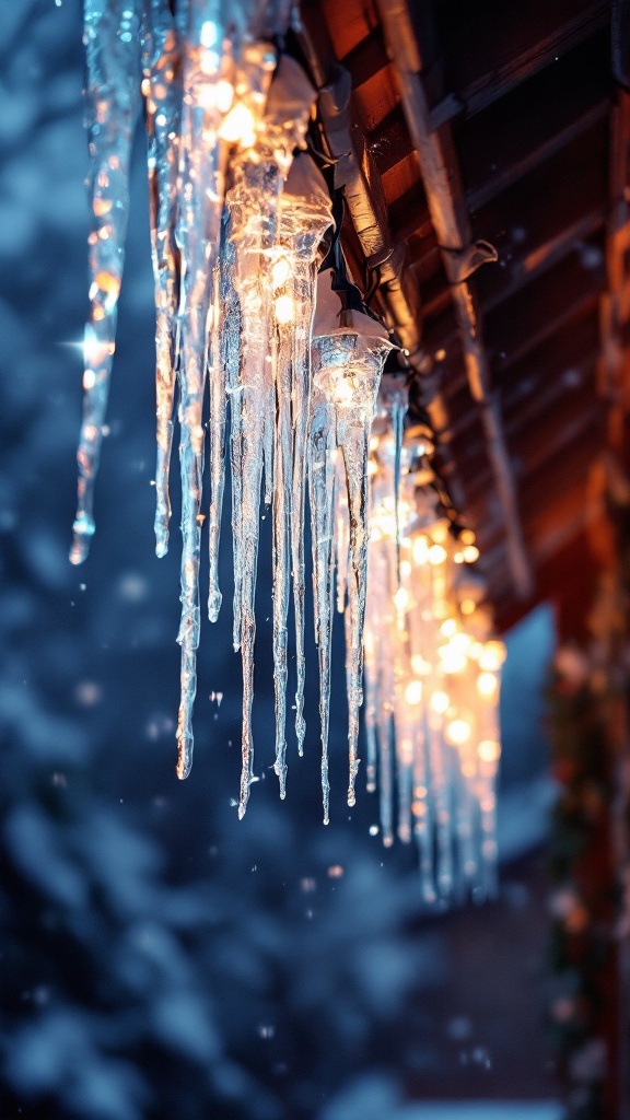 Icicles with twinkling lights hanging from a roof