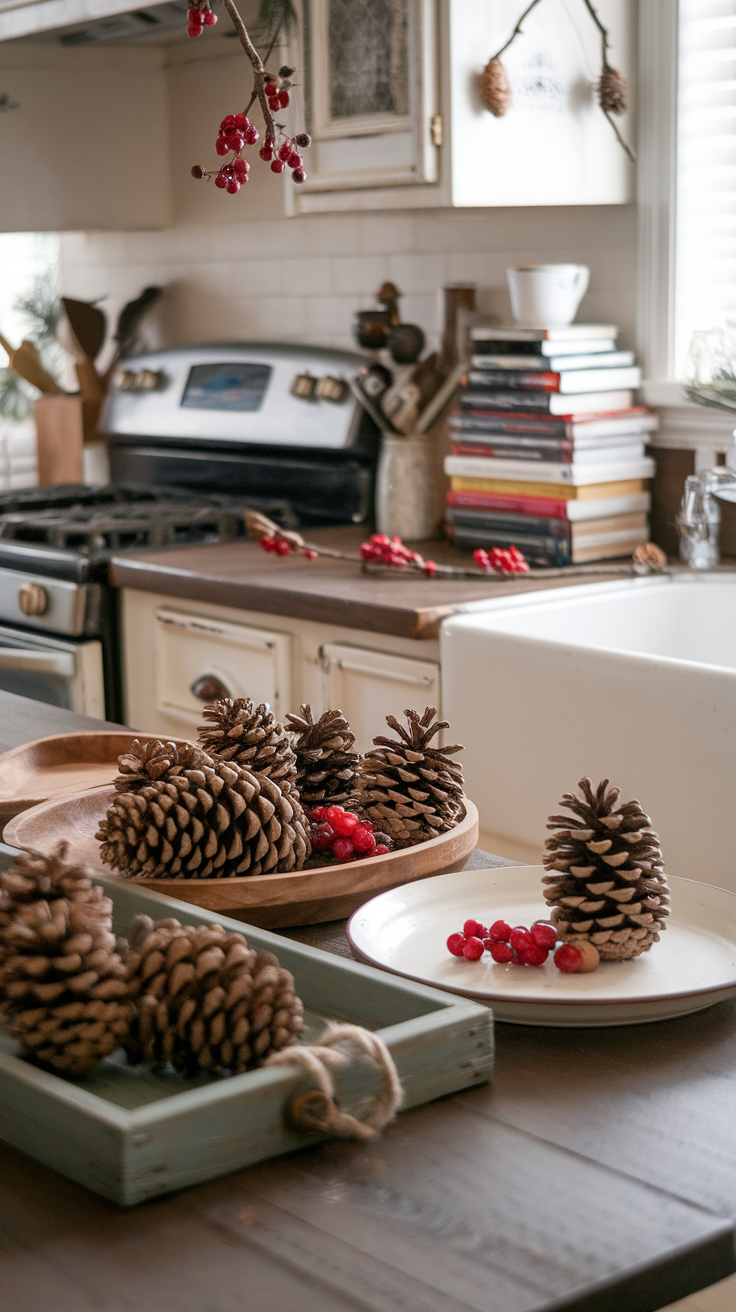 A kitchen scene featuring pinecones and bright red berries arranged on wooden trays and plates.