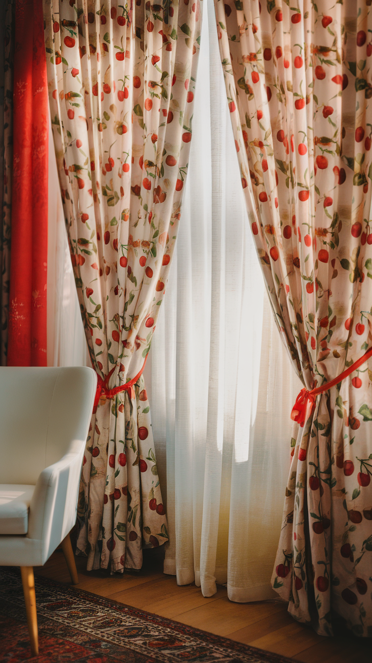 Playful cherry-printed curtains in a bright room