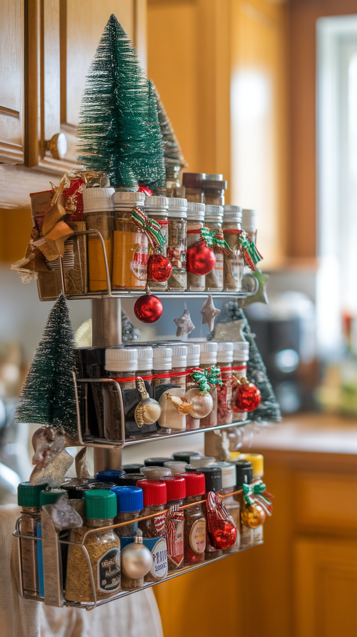 A decorative spice rack featuring small Christmas trees and ornaments, showcasing various spice jars.