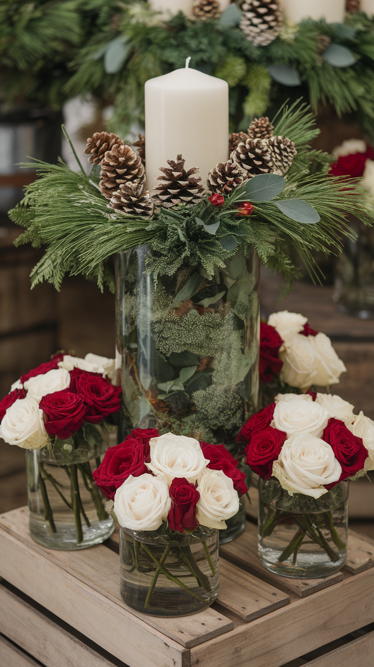 A beautiful winter table centerpiece featuring a tall glass vase with a candle surrounded by pine cones and fresh greens, with smaller arrangements of red and white roses in glass vases.