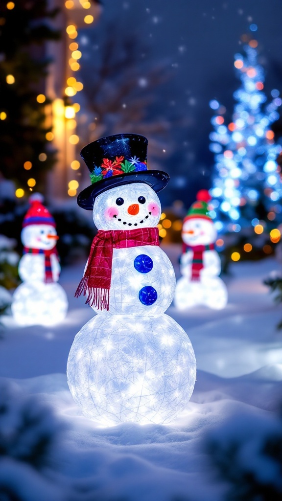 Decorative light-up snowman figures in a snowy setting