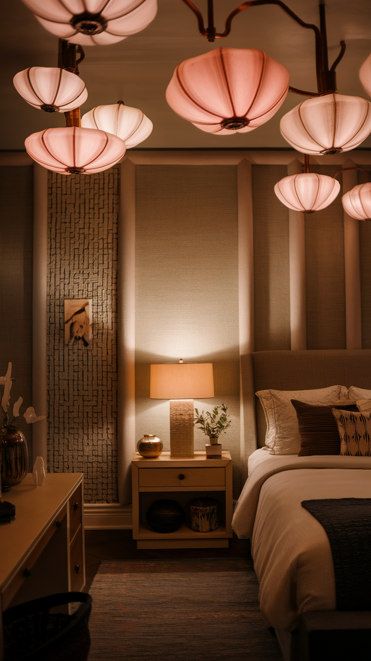 A cozy bedroom with soft cherry lighting fixtures hanging from the ceiling.