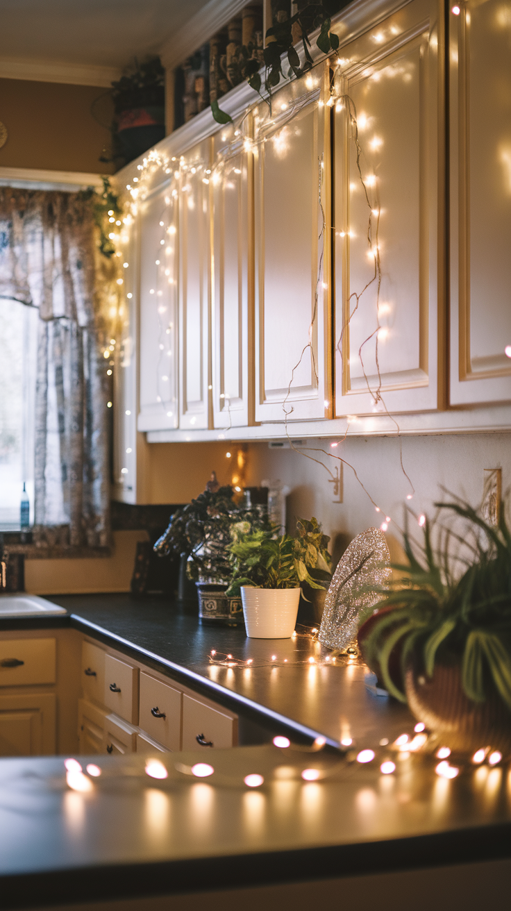 A cozy kitchen adorned with sparkling string lights.