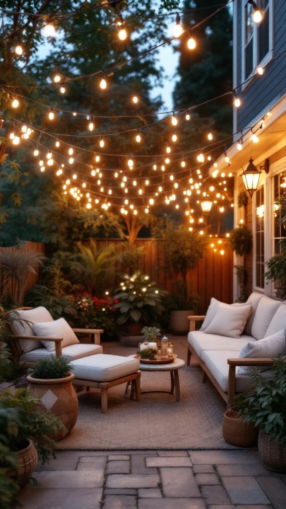 A cozy outdoor space decorated with string lights, featuring comfortable seating and lush greenery.