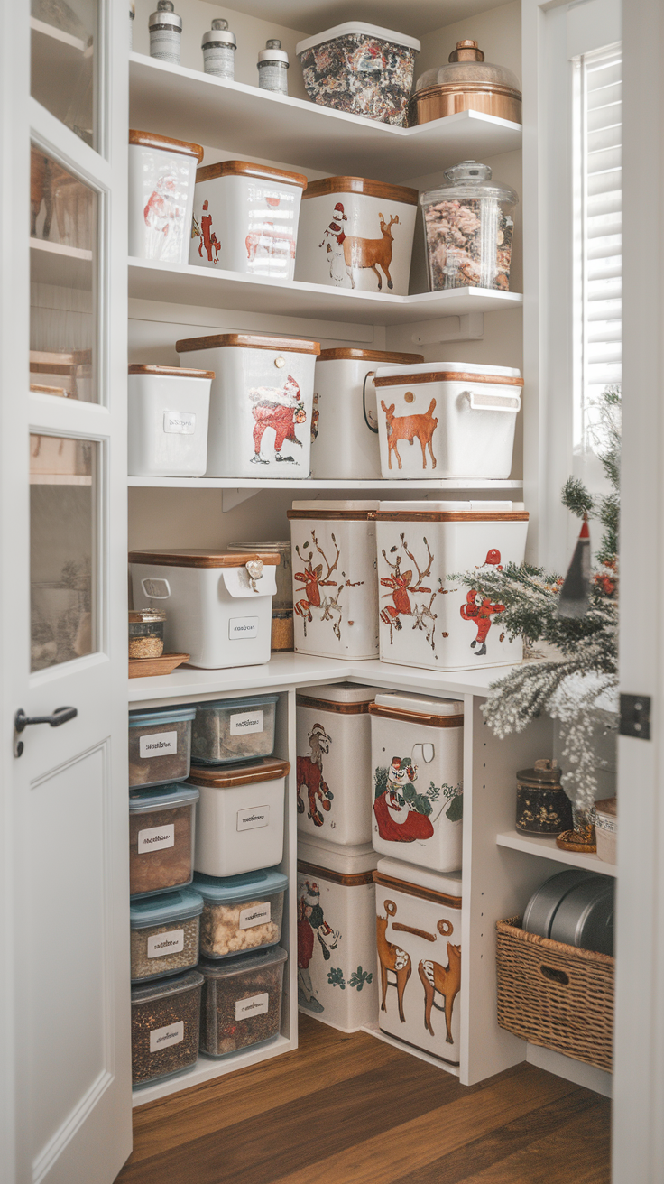 Stylish Christmas storage containers filled with festive treats and decorations.