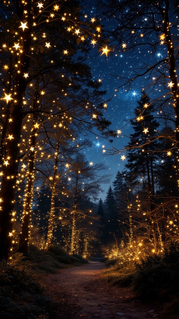 A peaceful forest path illuminated with star-shaped lights among trees, under a starry night sky.