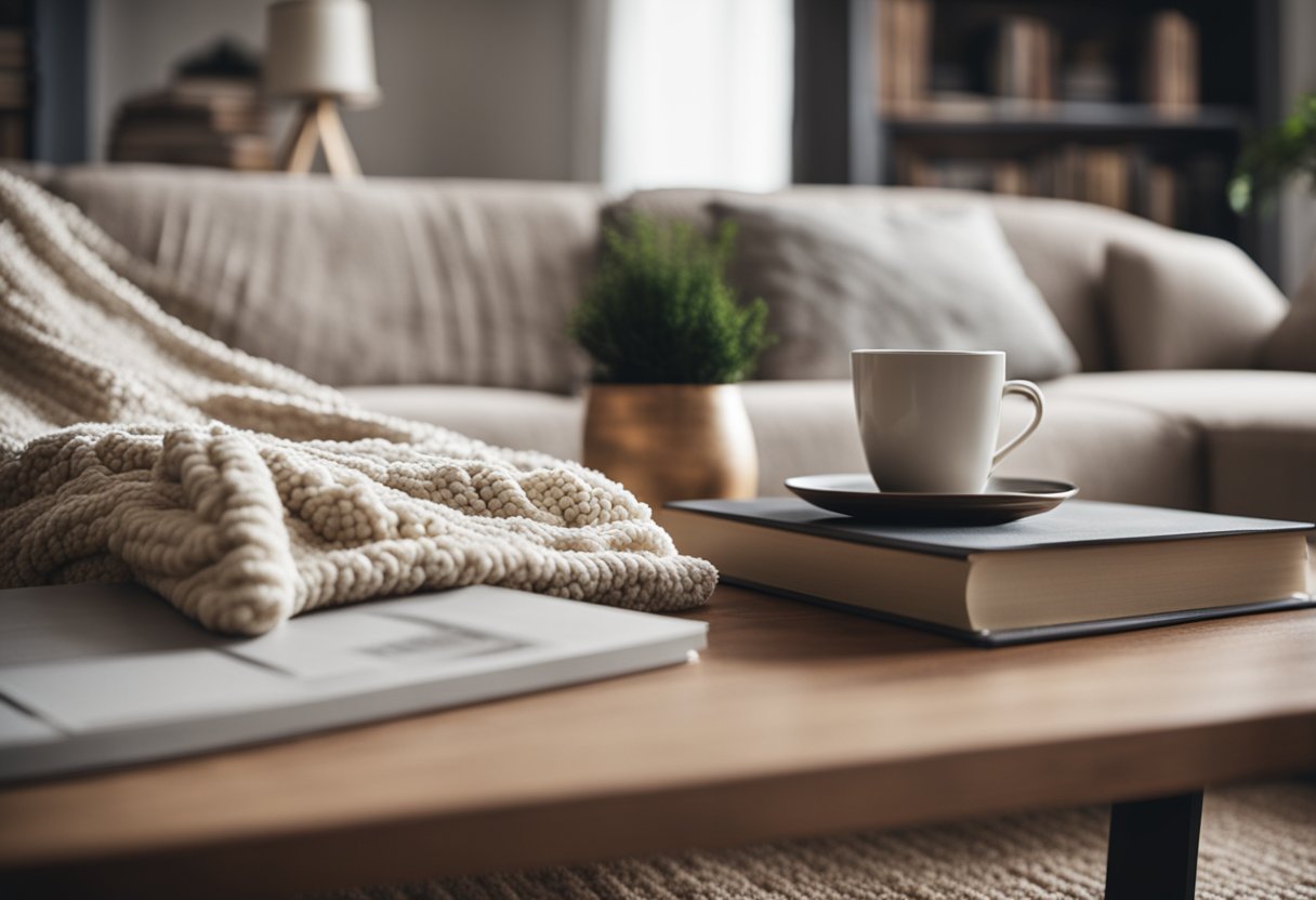 A cozy living room with a plush rug, knitted throw pillows, and a textured blanket draped over a neutral-colored sofa. A wooden coffee table holds a stack of books and a scented candle