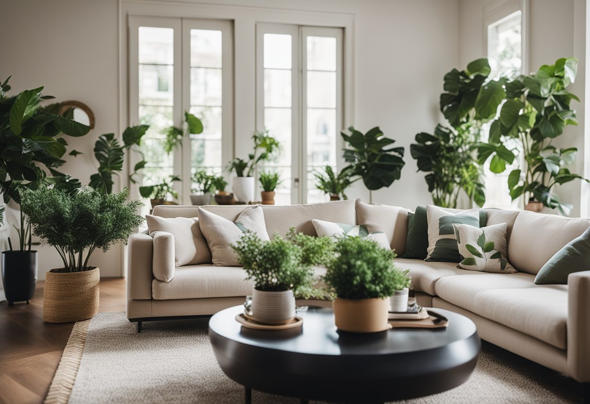 A cozy living room with neutral furniture and pops of greenery in the form of potted plants and leafy accents throughout the space