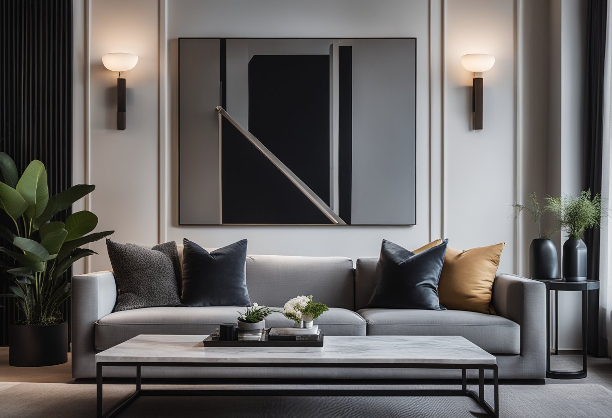 A serene living room with a sleek gray sofa, a marble coffee table, and a few carefully curated art pieces on the wall