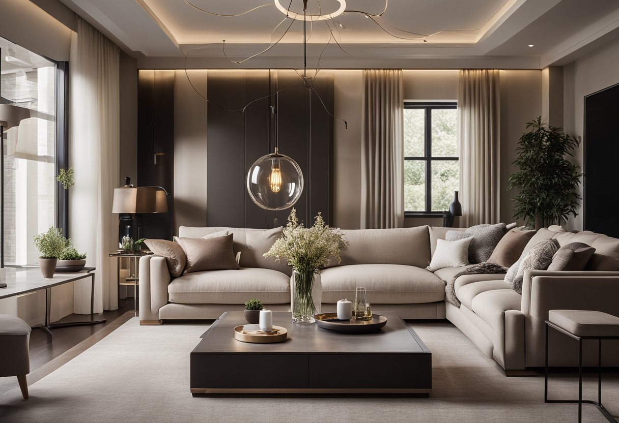 A modern living room with a sleek, neutral color palette and a statement lighting fixture, casting a warm and elegant glow