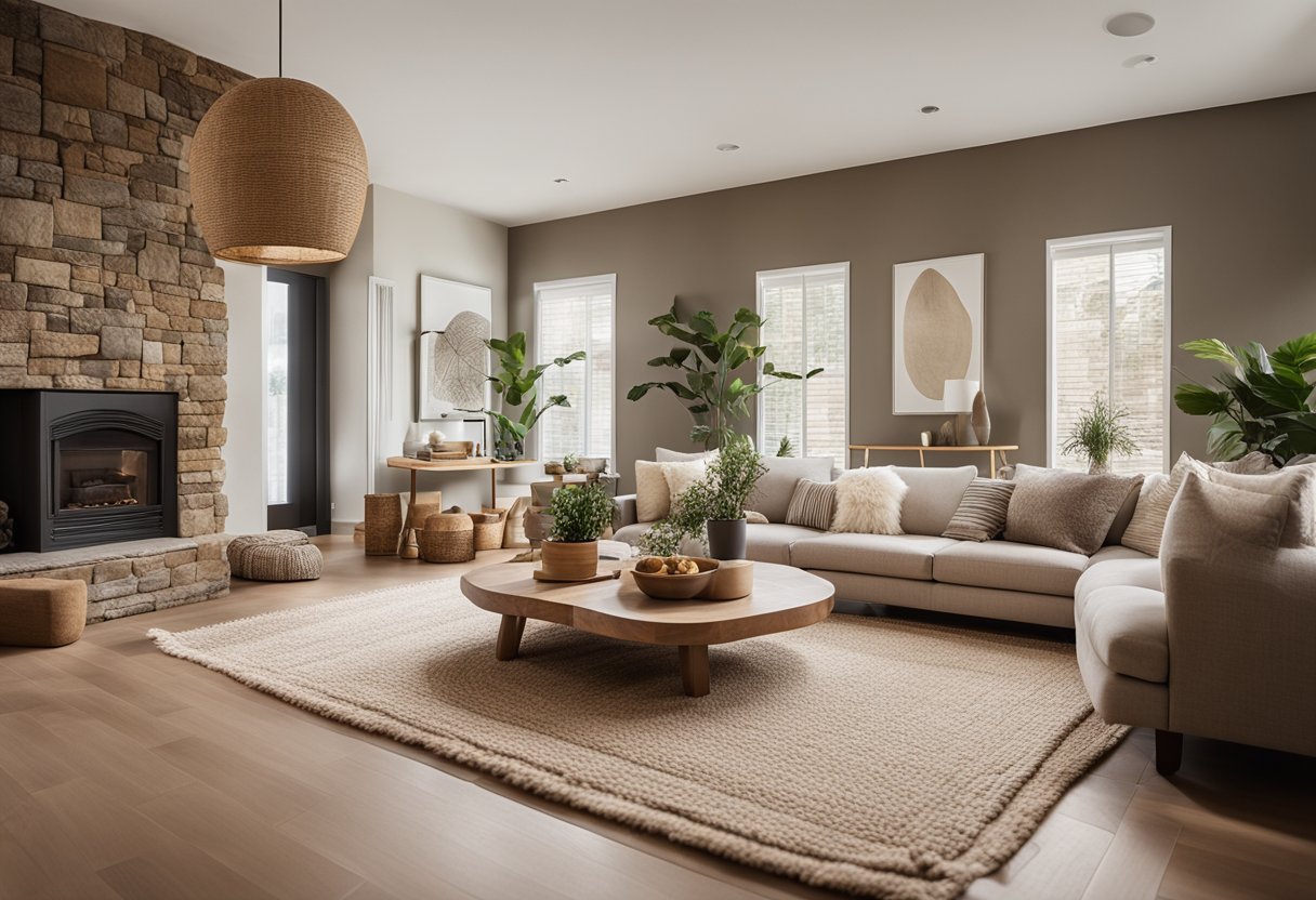 A cozy living room with a neutral rug, earthy tones, and natural textures. A warm, inviting space with minimalist decor