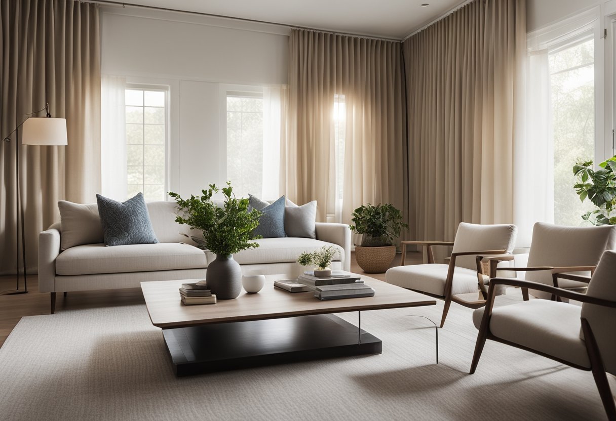 A serene living room with soft, neutral wall treatments, minimal decor, and natural light filtering through sheer curtains