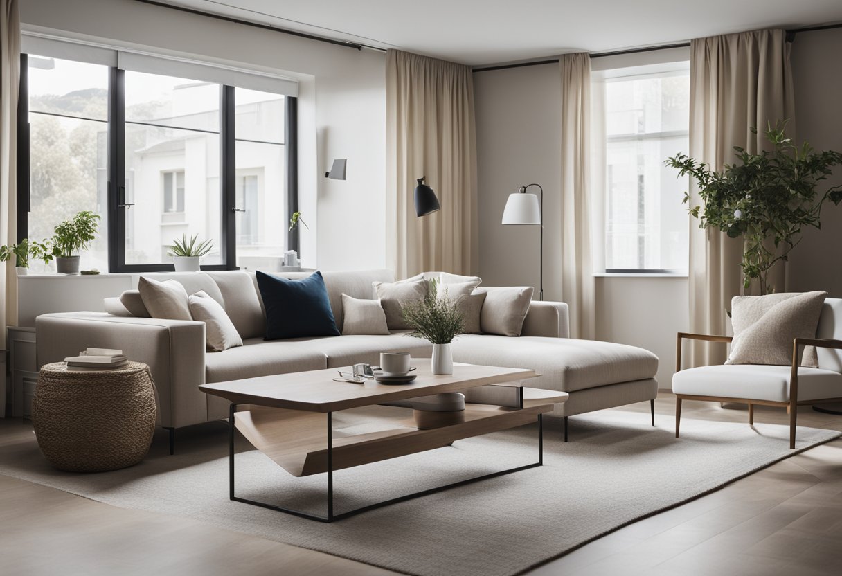 A minimalist living room with sleek, neutral-toned furniture and clean lines. Subtle, functional decor complements the modern, understated aesthetic