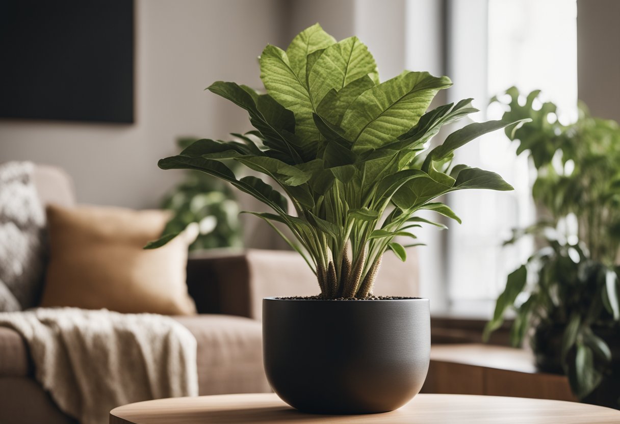 A cozy living room with earthy tones, textured throw pillows, and minimalistic decor. A potted plant sits on a wooden side table, adding a touch of greenery to the space