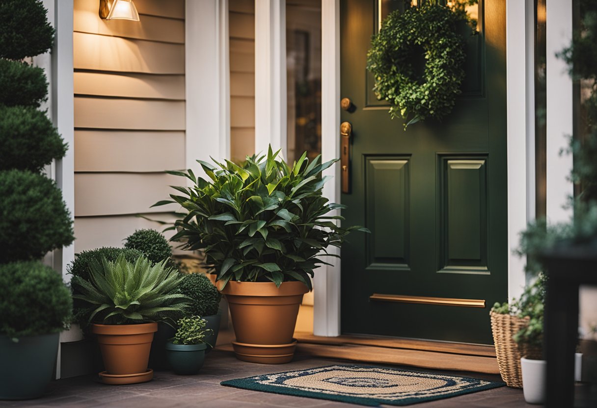 A cozy front porch with potted plants, a welcoming doormat, and warm lighting