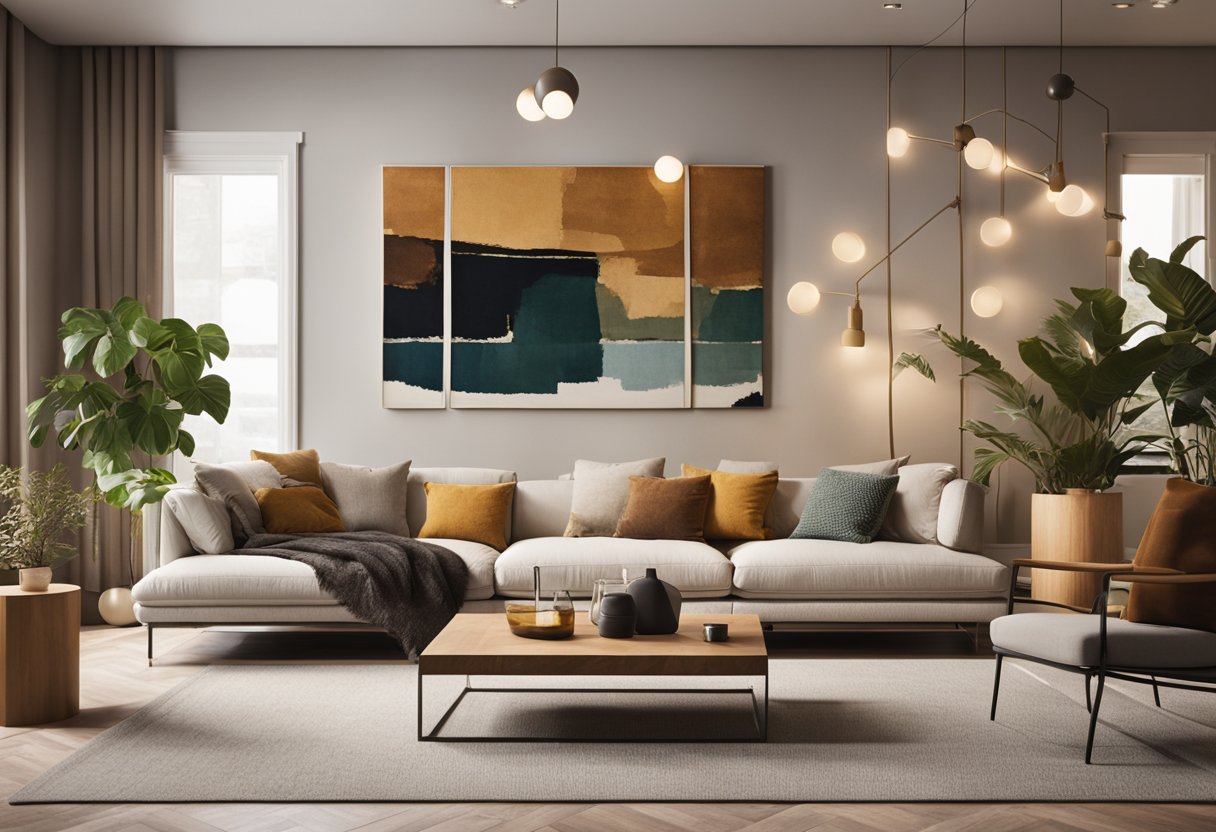 A cozy living room with warm earthy tones, textured fabrics, and natural materials. A large canvas on the wall is being painted with bold, vibrant colors, adding a pop of energy to the space