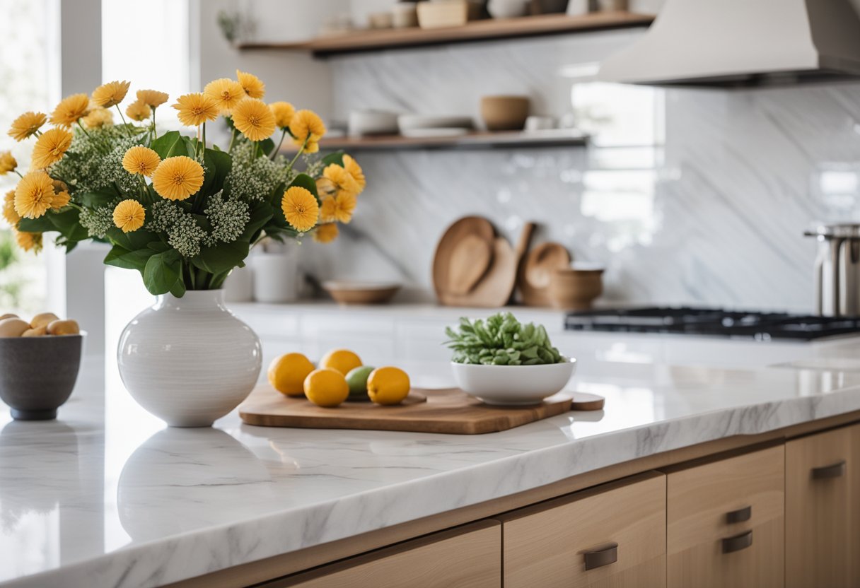 A serene kitchen with neutral decor: light wood cabinets, white marble countertops, and a soft gray backsplash. A vase of fresh flowers sits on the island