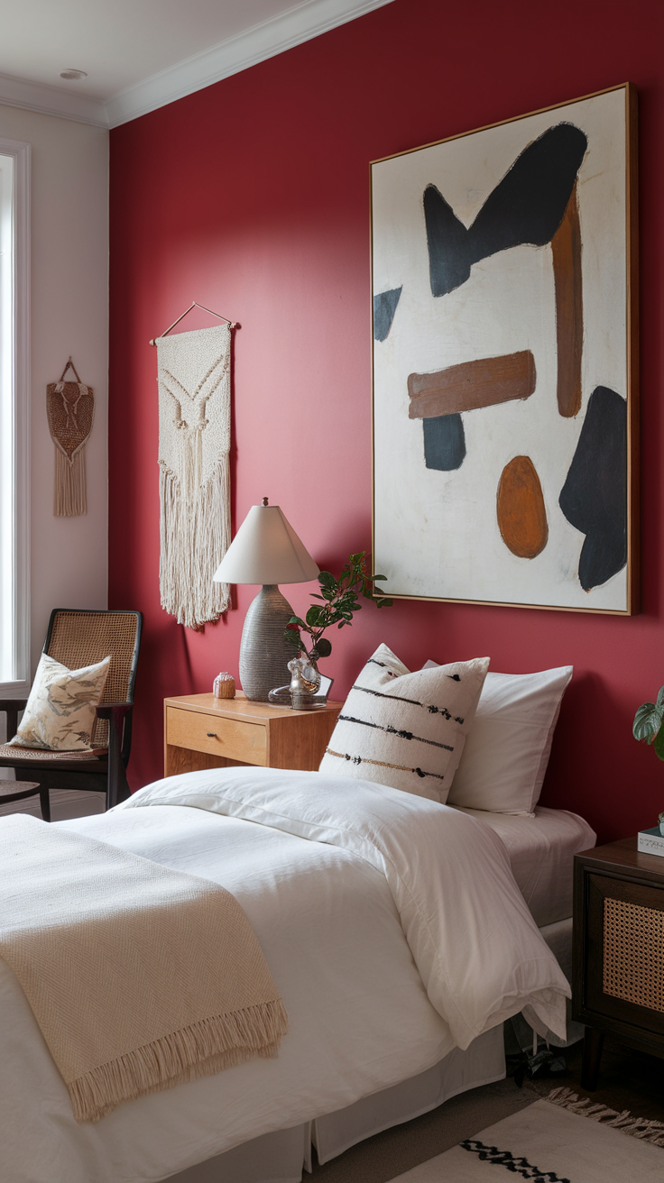 A cozy bedroom with a cherry accent wall featuring modern art and warm decor.