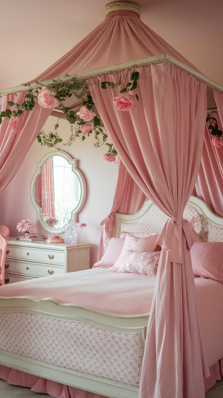 A whimsical pink canopy bed decorated with floral elements.