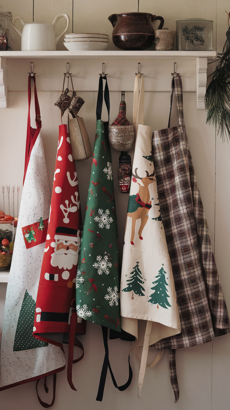 A collection of festive Christmas aprons hanging on a shelf, featuring designs like Santa, snowflakes, and reindeer.