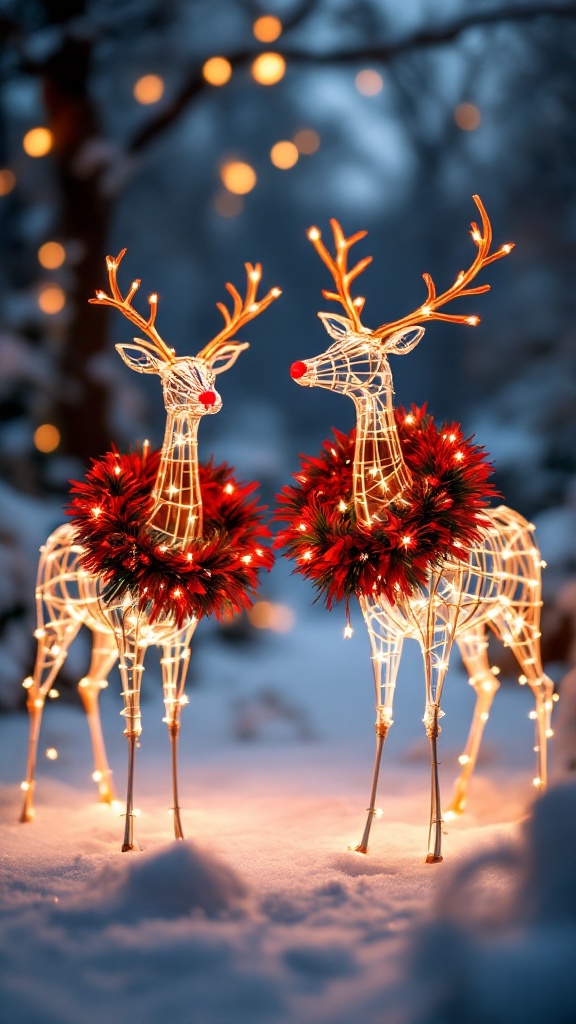 Two illuminated reindeer decorations in a snowy outdoor setting