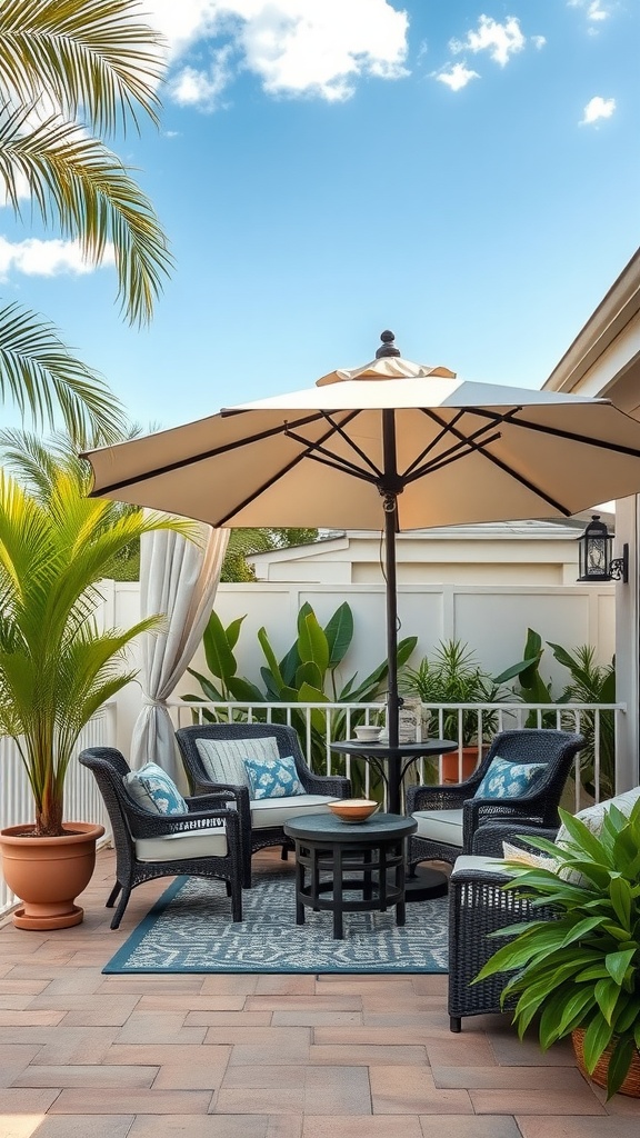 A stylish lanai with a large umbrella providing shade over comfortable seating.