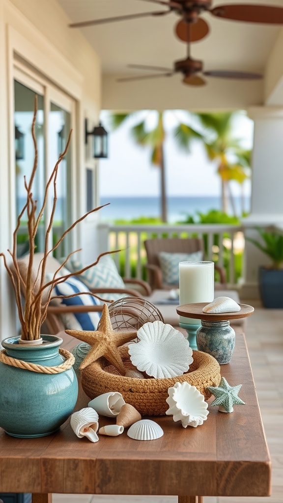 A decorative table with coastal-inspired accessories including seashells, starfish, and plants.