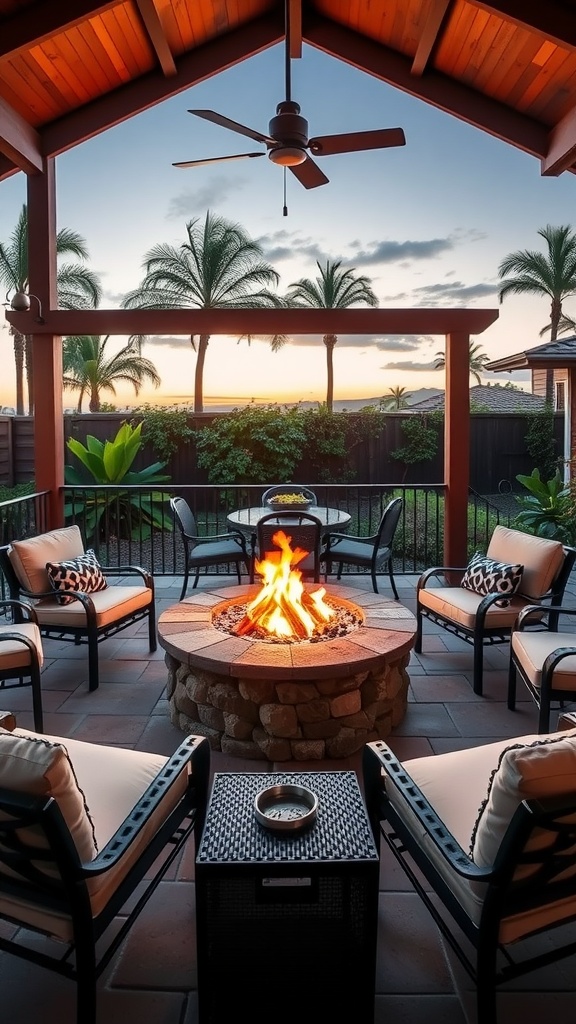 A cozy outdoor setting featuring a fire pit surrounded by chairs