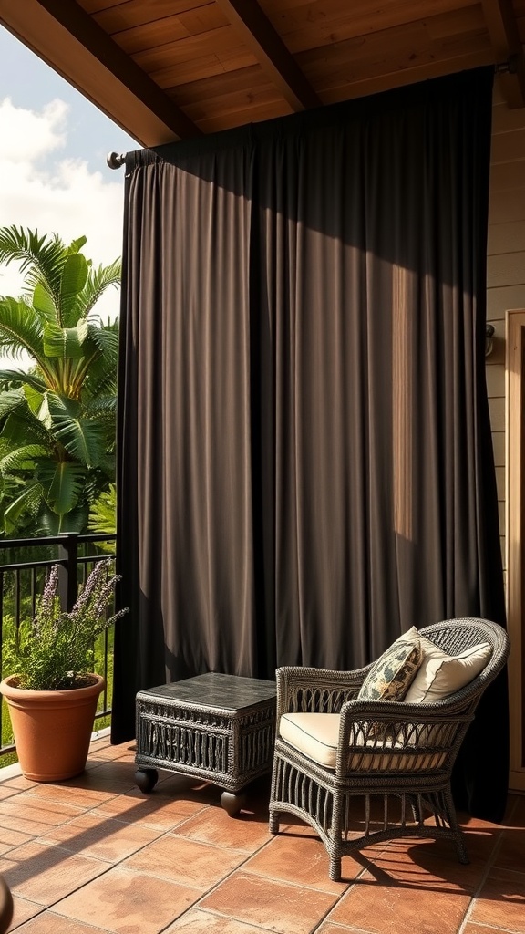 A cozy lanai with a dark curtain providing privacy, featuring a comfortable chair and a small table.