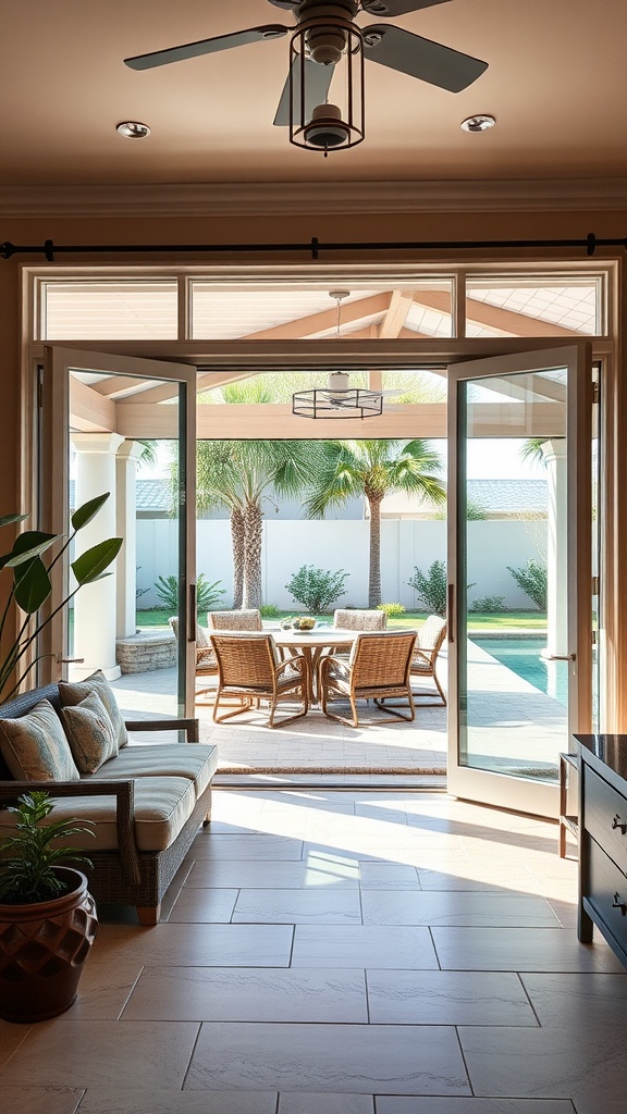 A view of a stylish indoor space with sliding glass doors opening to a lanai area.