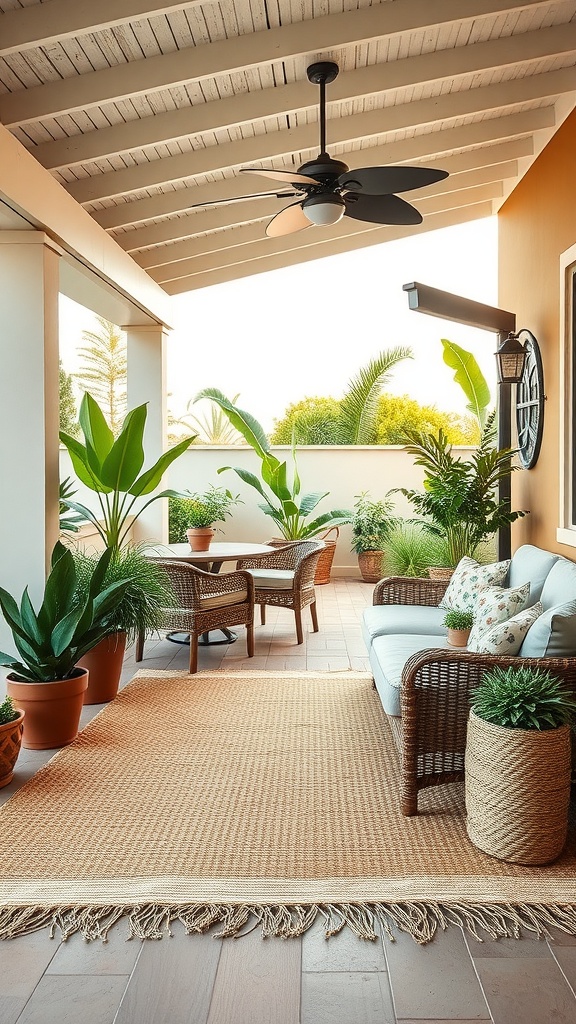 Cozy lanai featuring natural fiber rug, comfortable seating, and lush greenery.