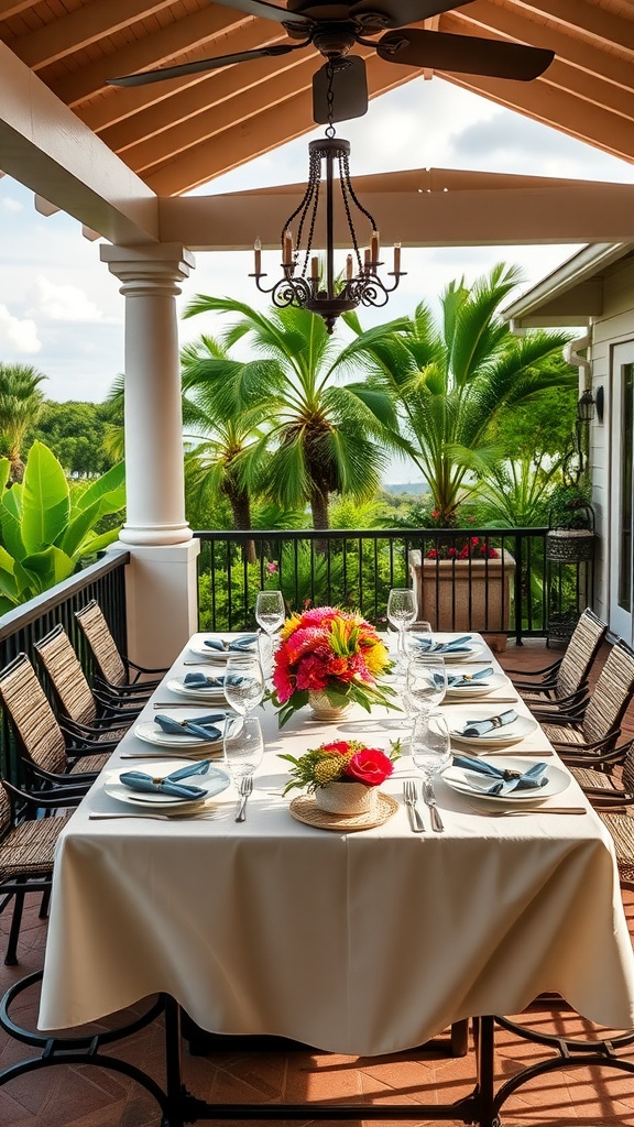 A beautifully set dining table on a lanai with vibrant flowers and a tropical backdrop.