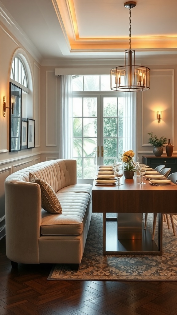 A cozy dining area featuring a high-back upholstered bench beside a modern dining table, with elegant decor and natural light.