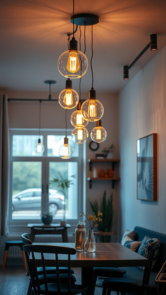 A beautifully lit small living room dining room combo featuring pendant lights.