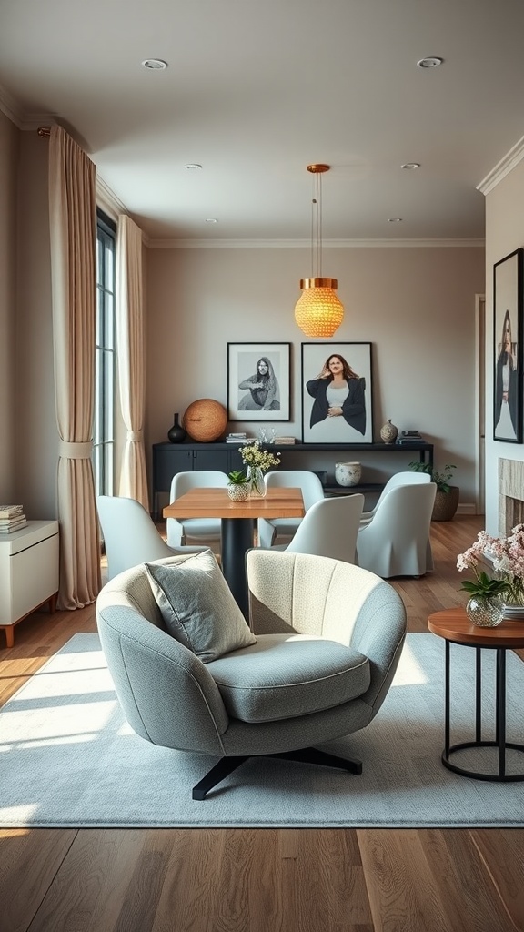 A cozy living-dining space featuring a swivel chair, dining table, and elegant decor.