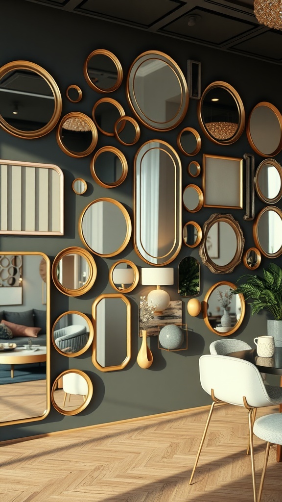 A collection of mirrors in varying sizes mounted on a wall, reflecting light and creating a spacious feel.