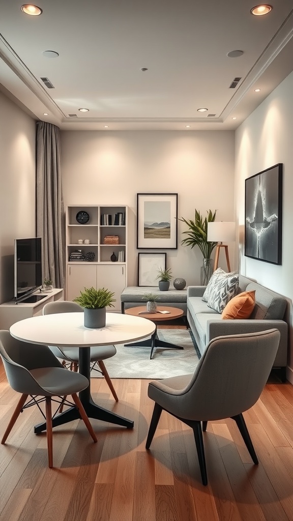 A small living room dining room combo with a sofa, dining table, and accent chair arranged in a triangle.