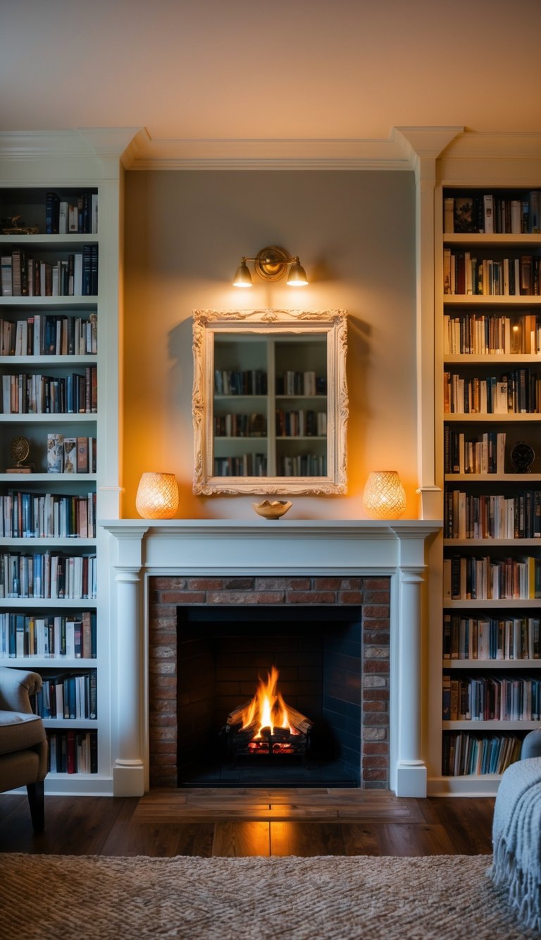 A cozy home library with built-in bookshelves, a plush reading nook, warm lighting, and a crackling fireplace