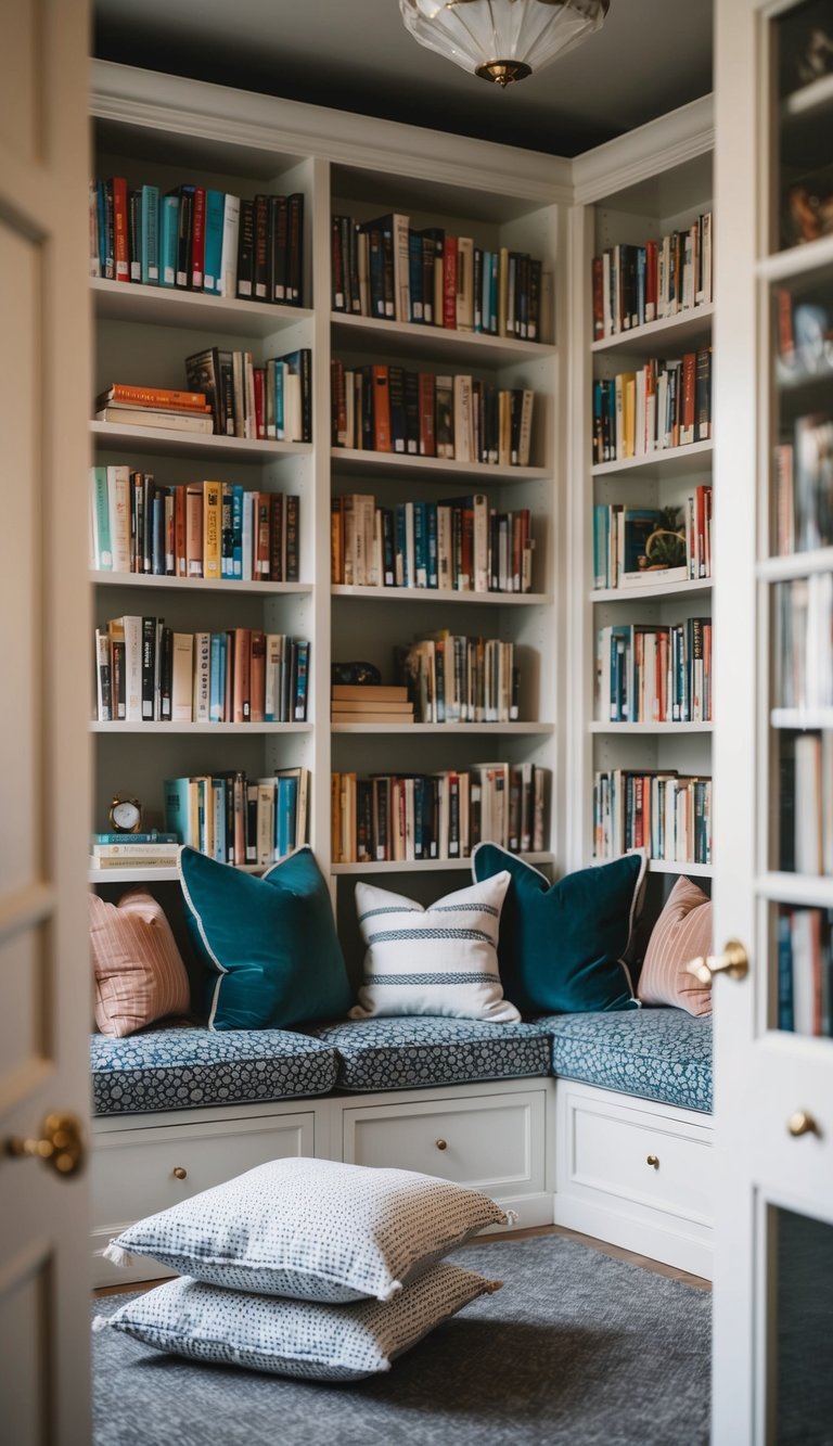 A cozy reading nook with cushions in a home library