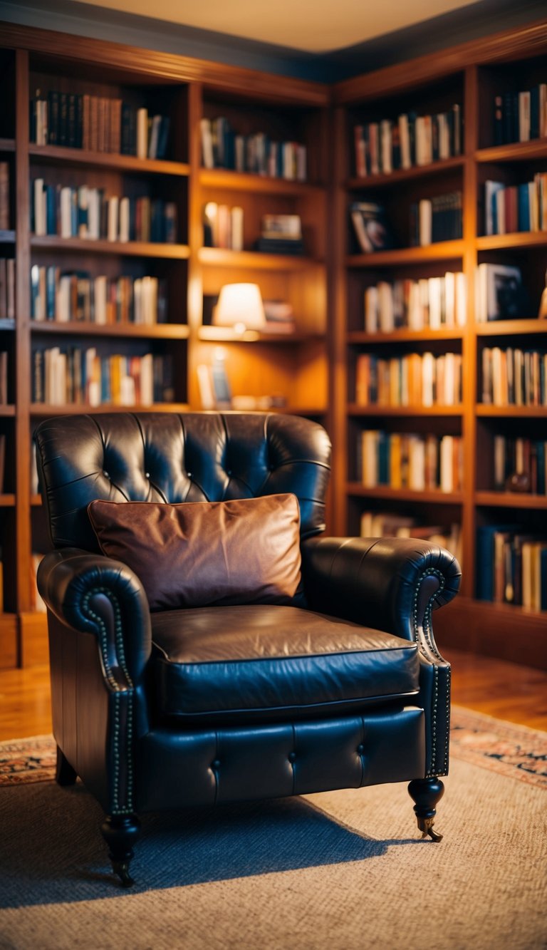 A classic leather armchair sits in a cozy home library, surrounded by shelves of books and warm lighting