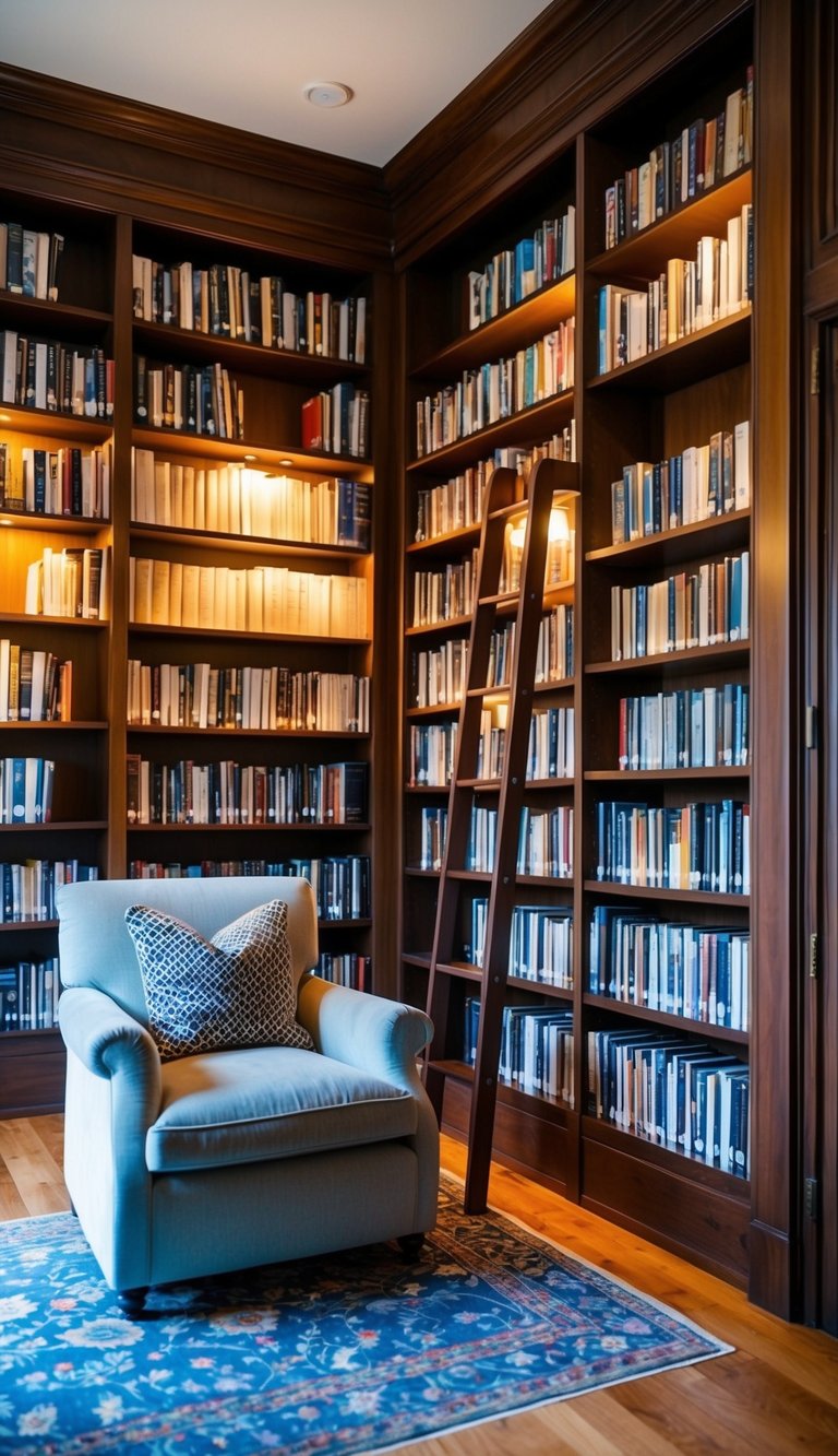 A cozy home library with a ladder bookshelf, plush armchair, and warm lighting