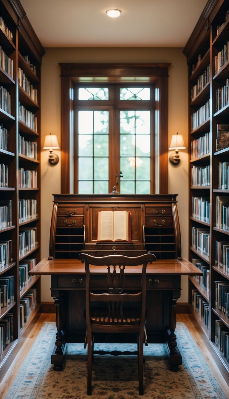 An antique wooden desk sits in a cozy home library, surrounded by shelves of books and a warm reading nook