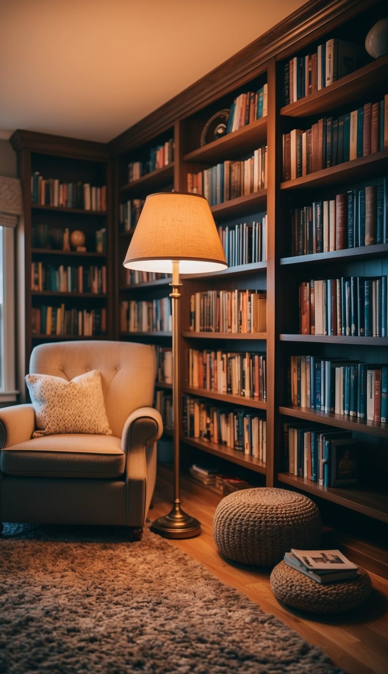 A warm reading lamp illuminates a cozy home library filled with shelves of books, a comfortable armchair, and a plush rug