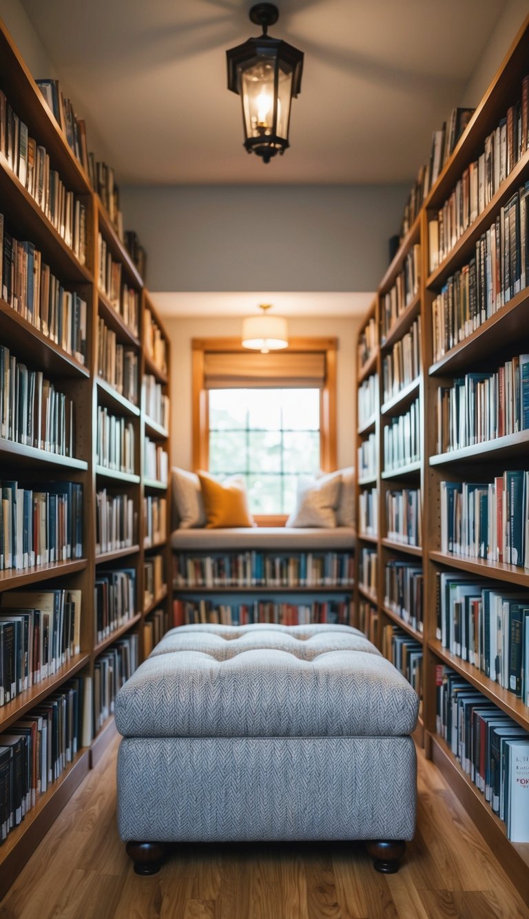 A cozy home library with a plush ottoman doubling as storage, surrounded by shelves of books and a warm reading nook