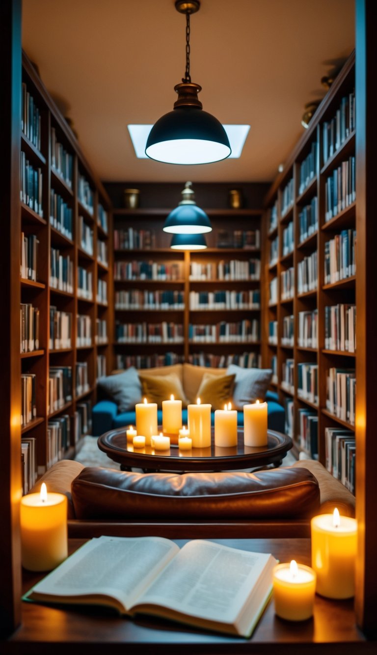 A cozy home library filled with scented candles, warm lighting, and comfortable seating for a relaxing reading atmosphere