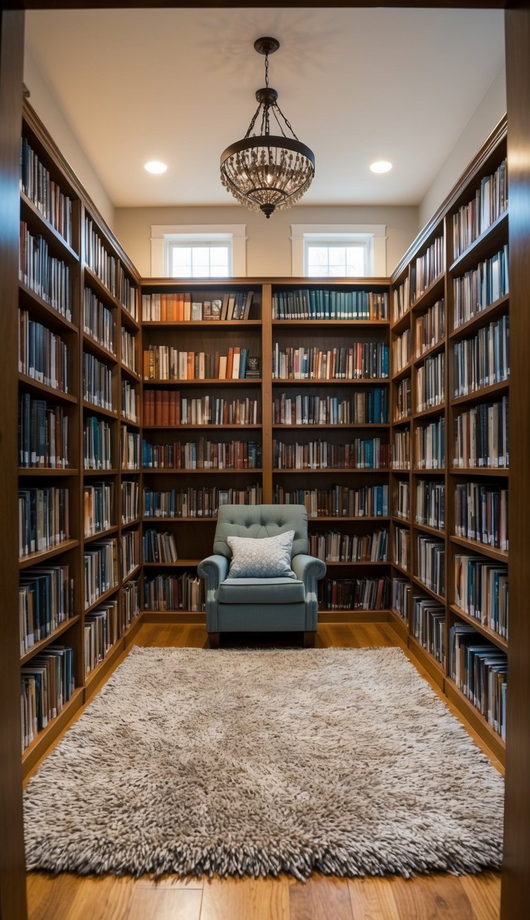 A plush area rug sits in the center of a cozy home library, surrounded by shelves of books and a comfortable reading chair